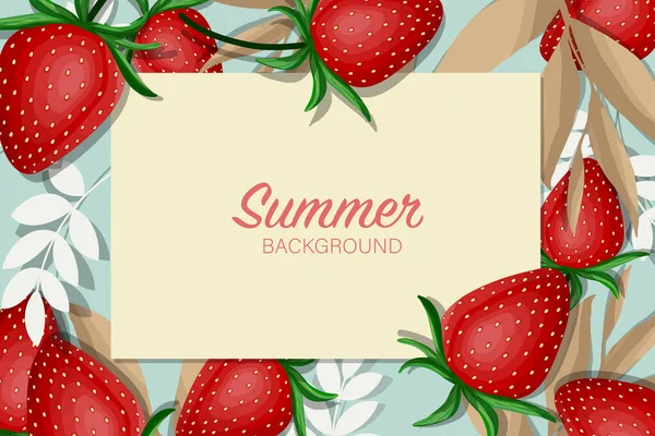 Sommerurlaub Banner Vorlage Mit Erdbeeren Und Blättern Auf Hellem Hintergrund — Stockvektor