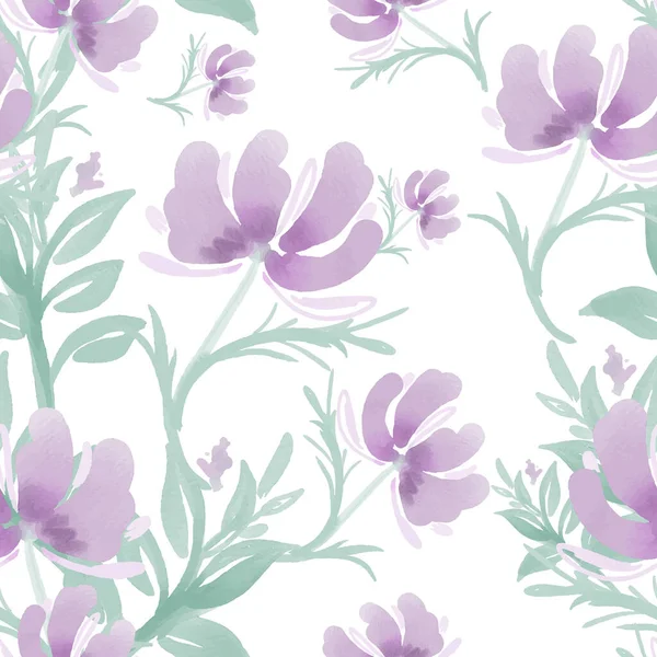 Nahtloses Muster Mit Niedlichen Lila Blütenzweigen Auf Weißem Hintergrund Vektorillustration — Stockvektor