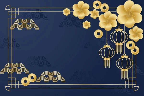 Design Banner Festival Ano Novo Chinês Com Flores Douradas Lâmpadas Ilustração De Bancos De Imagens