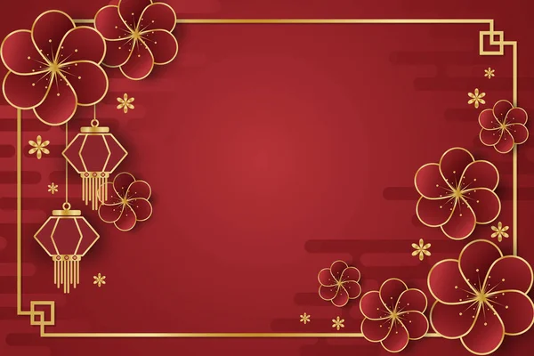 Chinesisches Neujahrsfest Banner Design Mit Lampen Und Roten Blumen Auf Stockvektor