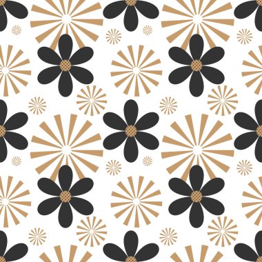 Beyaz arkaplanda siyah çiçeklerin hoş, pürüzsüz deseni. 