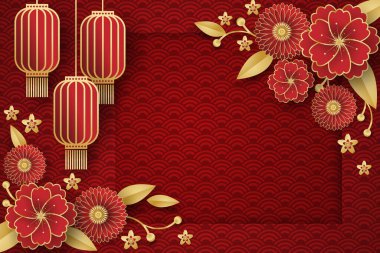 Chinese festival banner design with lanterns and red flowers branches on red pattern background for your copy space.