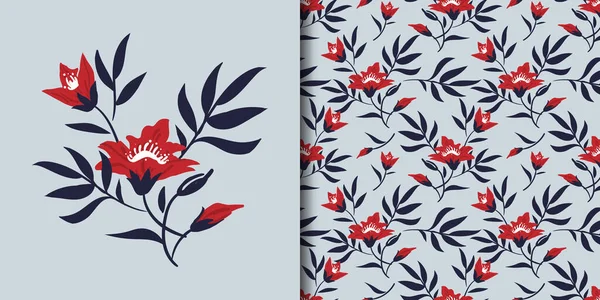 Cute Floral Seamless Pattern Red Flowers Leaves Light Gray Color — 스톡 벡터