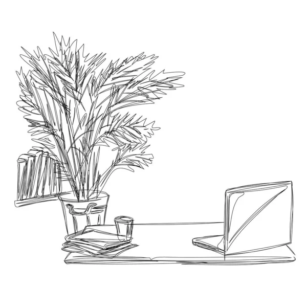 フリーランス コンピューターの仕事 テーブル 鍋の花 オフィス 分離ベクトルオブジェクト — ストックベクタ
