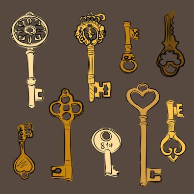 Güzel bronz ve altın dekoratif antika anahtarlar. İç mekan ve dekor. İzole edilmiş vektör resmi.