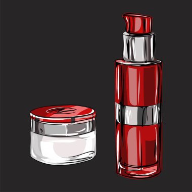 Bir takım bakım kozmetik ürünleri. Güzellik salonu, kozmetik mağazası reklamı için izole edilmiş vektör görüntüleri. Krema, toner, nemlendirici serum tüpü. 10 saniye..