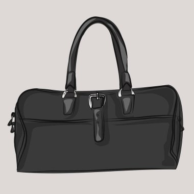 Yapay deriden yapılmış klasik taşıma çantası, eko-deri. Temel gardırop. Çantalar, ayakkabılar, giysiler. Vektör izole resimler.