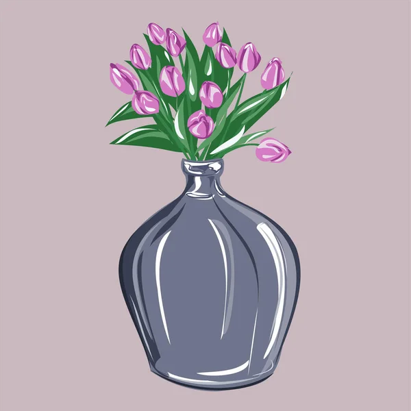 ガラスや粘土の花瓶にチューリップ 植物と内部の装飾 家の快適さ 分離ベクトルオブジェクト — ストックベクタ