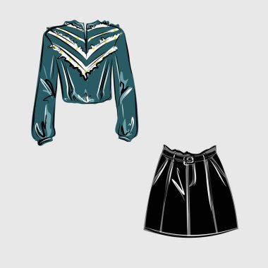 Giysiler. Ceketler, elbiseler, etekler, bluzlar, pantolonlar, pantolonlar, sırt çantaları, çantalar. Moda. Bir minimalistin temel gardırobu. İzole vektör nesnesi.