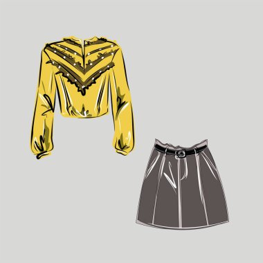 Giysiler. Ceketler, elbiseler, etekler, bluzlar, pantolonlar, pantolonlar, sırt çantaları, çantalar. Moda. Bir minimalistin temel gardırobu. İzole vektör nesnesi.