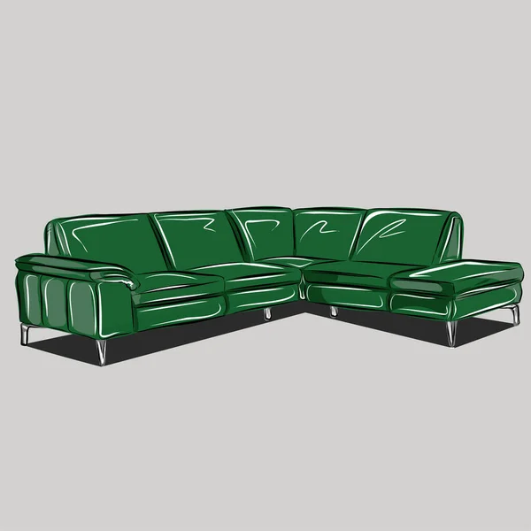 Furniture Home Office Comfortable Large Corner Sofa Beige Green Interior — Stock Vector