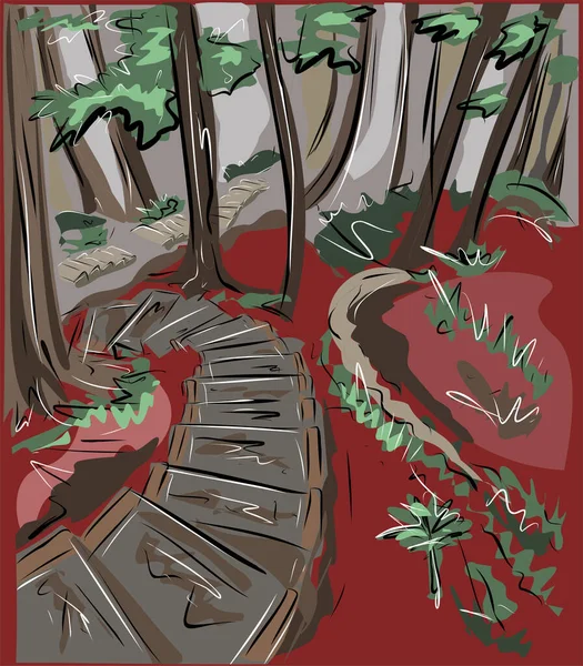 Tájkép Őszi Erdő Lépcsők Nagy Fák Belső Festés Képeslap Nyomtatás Jogdíjmentes Stock Illusztrációk