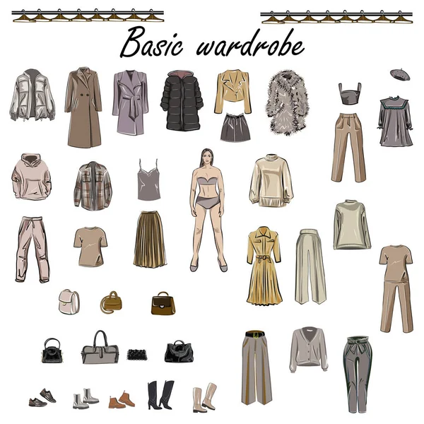 Giysiler, ayakkabılar ve çantalar. Çıplak, bej, lacivert. Ceketler, elbiseler, etekler, bluzlar, pantolonlar, pantolonlar, sırt çantaları, çantalar. Moda. Bir minimalistin temel gardırobu. İzole vektör.