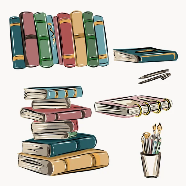 Livros Artigos Papelaria Leitura Biblioteca Bloco Notas Materiais Escrita Planejamento — Vetor de Stock