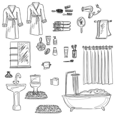 Banyo, spa tedavileri, masaj, güzellik tedavili otel. Birleşme. Siyah beyaz çizim. Hijyen, çamaşır ve güzellik malzemeleri. İzole vektör nesneleri.