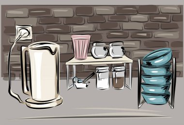 Mutfak, çaydanlık, bulaşık, baharat, tabak. Konserve kahve ve şeker. Ev eşyalarıyla hayat devam ediyor. Depolama organizasyonu. İzole vektör nesneleri.