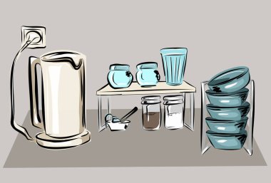 Mutfak, çaydanlık, bulaşık, baharat, tabak. Konserve kahve ve şeker. Ev eşyalarıyla hayat devam ediyor. Depolama organizasyonu. İzole vektör nesneleri.