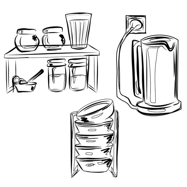 Кухня Чайник Полка Посудой Специями Тарелки Банки Кофе Сахара Натюрморт — стоковый вектор
