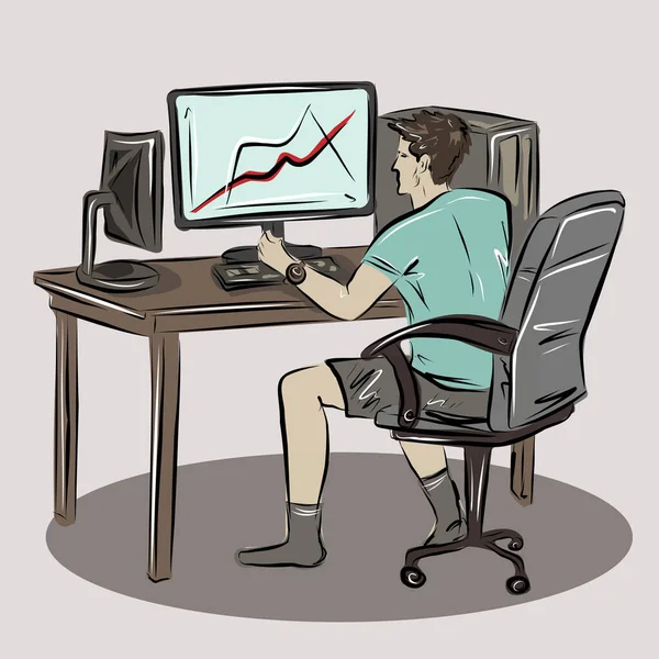 Een Man Werkt Achter Een Computer Computerspel Handel Aandelen Freelancer — Stockvector