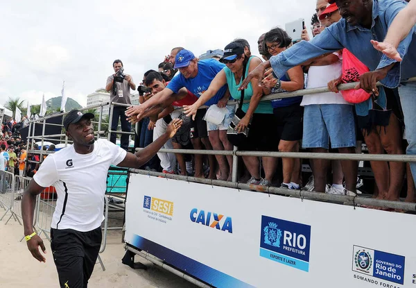 Rio Janeiro Marzo 2013 Corridore Olimpico Atleta Usain Bolt Gioca — Foto Stock