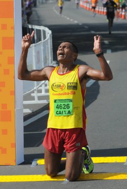 Rio de Janeiro, Brazil, May 29, 2016.Participating runners are thrilled and show their efforts in the arrival of the Rio de Janeiro City Marathon.