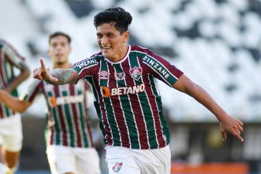 Rio de Janeiro, Brezilya, 13 Şubat 2022 Flüt takımının Alman Cano 'su, Enge Stadyumu' ndaki Carioca Şampiyonası 'nda oynanan fluminense vs. Portuguesa maçında golünü kutluyor.