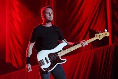 Rio de Janeiro, Brazil,September 2, 2022. Bassist Jean-Michael Labadie of the French rock band Gojira, during a concert at Rock in Rio 2022, in the city of Rio de Janeiro.