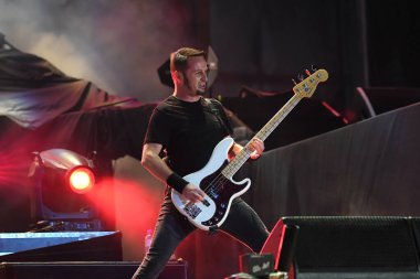 Rio de Janeiro, Brazil,September 2, 2022. Bassist Jean-Michael Labadie of the French rock band Gojira, during a concert at Rock in Rio 2022, in the city of Rio de Janeiro.
