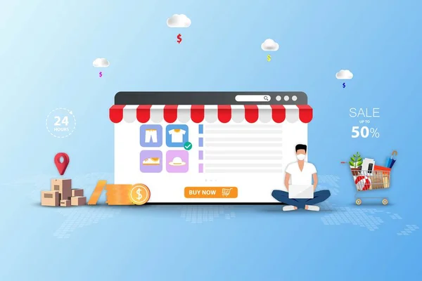 Çevrimiçi alışveriş kavramı, genç adam bir yüz maskesi takıyor ve yeni bir gömlek sipariş etmek için ürün listesi, açıklama ve indirim oranı içeren büyük bir web tarayıcısının önünde oturuyor.