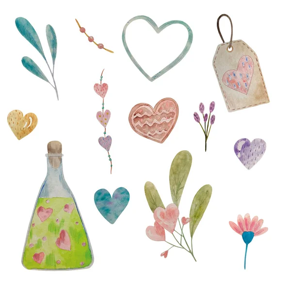 Aquarel set bruiloft Valentijnsdag bloemen romantisch clipart harten boeketten botanie elementen collectie — Stockfoto