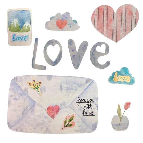 Verzameling van aquarel illustraties bruiloft Valentijnsdag liefde harten bloemen brief bericht geïsoleerde pictogrammen — Stockfoto