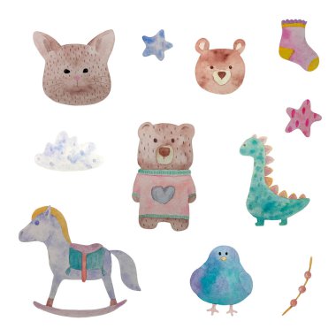 Bebek tasarımı için izole edilmiş şirin suluboya elementler. Bebekler için dekorasyon için canavarlar.