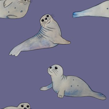 Tekstil tasarımı dekoru için foklarla suluboya el çizilmiş sevimli çocuksu, pürüzsüz komik desen.