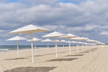 Baltık, sonbaharda beyaz ahşap şemsiyeli terk edilmiş kumlu plaj. Deniz manzarası
