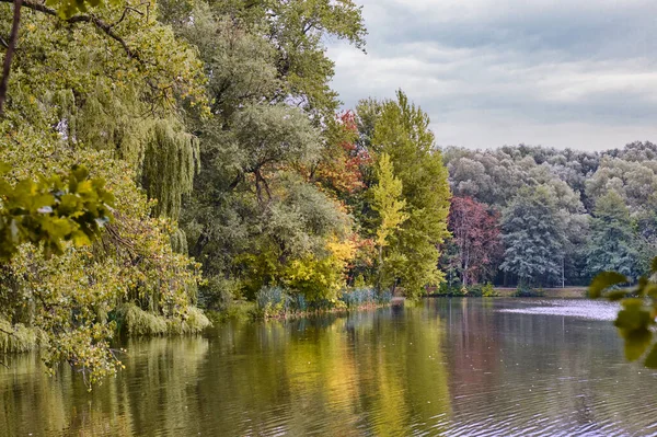 Paysage du parc d'automne. Des arbres au feuillage luxuriant et coloré se reflètent à la surface du lac calme — Photo