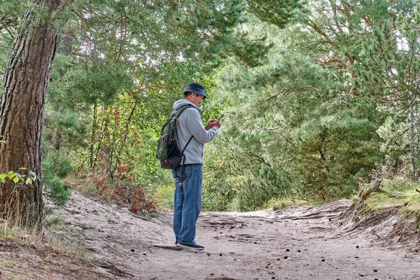 Hombre maduro con mochila de pie entre los árboles utilizando el teléfono móvil para la navegación. — Foto de Stock