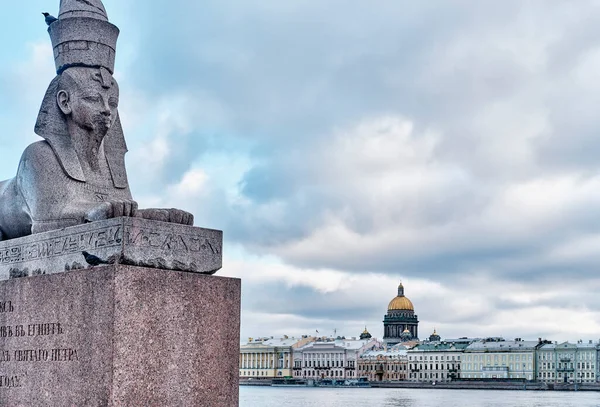 St. Petersburg, Russia. Stone egyptian sphinx, river Neva English Embankment , St. Isaacs Cathedral — стокове фото