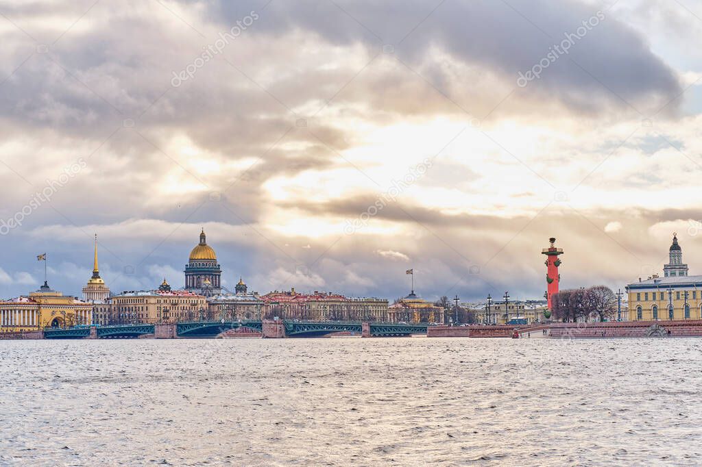 Cityscape of St. Petersburg, Russia. View of Palace Bridge,Neva river and other sights.