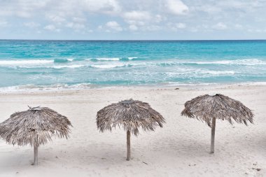 Küba 'nın Atlantik kumlu plajı, Varadero tatil beldesi. Üç palmiye yaprağı güneş şemsiyesi.