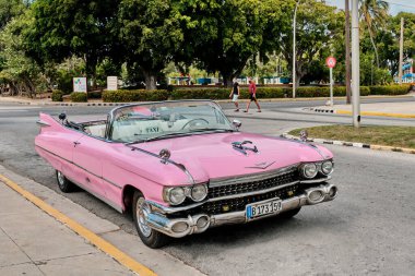 Pembe retro Cabriolet taksi tatil köyü Varadero, Küba 'da..