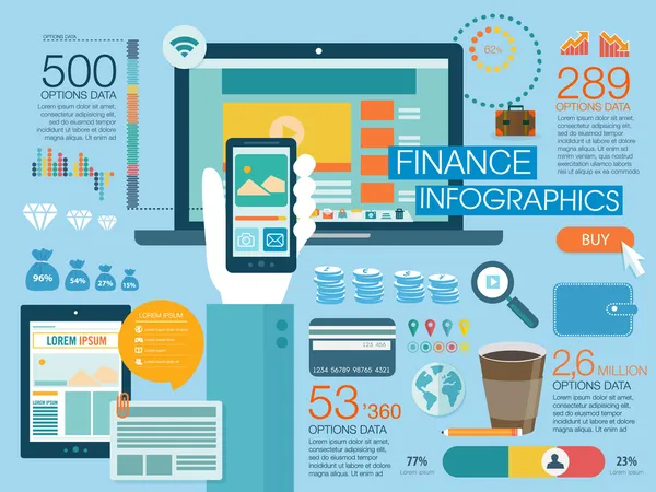 Zestaw Płaska konstrukcja wektor ilustracja koncepcje layout strony, telefon komórkowy usługi i aplikacje i komputer typu tablet usługi i aplikacje. koncepcje finansowania infographic — Wektor stockowy