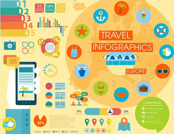 Infografica di viaggio con icone di dati ed elementi, mappa dell'Europa. Stile piatto — Vettoriale Stock