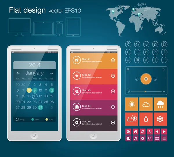 Ui flache Design-Webelemente mit Kalender und Weltkarte — Stockvektor