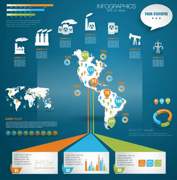 Detalle de la ilustración vectorial de infografía moderna con Mapa de América del Norte y del Sur, infografías industriales y gráficos de información. Fácil de editar país. Estilo de papel — Archivo Imágenes Vectoriales