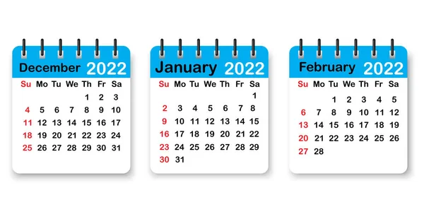 2022年冬季螺旋形日记账叶。蓝色日历页。组织背景。节假日。矢量图解。股票形象. — 图库矢量图片