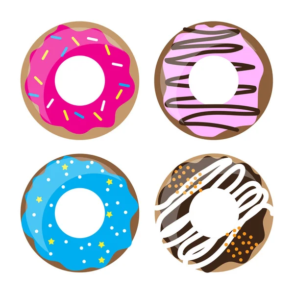 Süße Donuts. Ansicht von oben. Zuckernahrung. Cafe-Design. Einfaches Design. Buntes Bild. Vektorillustration. Archivbild. — Stockvektor