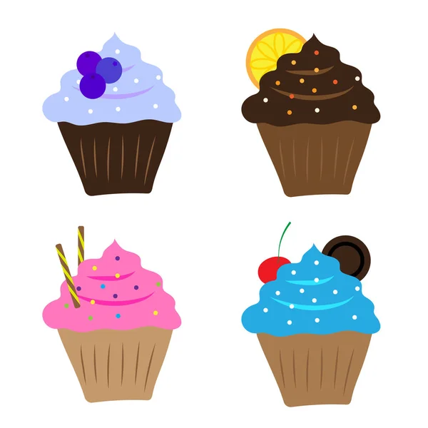 Conjunto de iconos de cupcakes. Panadería comida dulce. Fondo de dibujos animados. Elemento de diseño de arte lineal. Ilustración vectorial. Imagen de stock. — Vector de stock