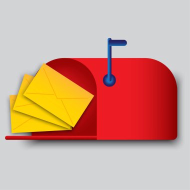 Kırmızı posta kutusu simgesi. Leylak arkaplan. Zarf harfleri. Düz stil. İletişim konsepti. Vektör çizimi. Resim yükle. 