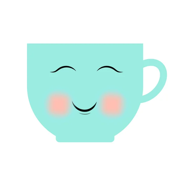 Mug with face. Blue kawaii cup. Cartoon style. Relax time. Cute character. Hot drink. Vector illustration. Stock image. — Stock Vector