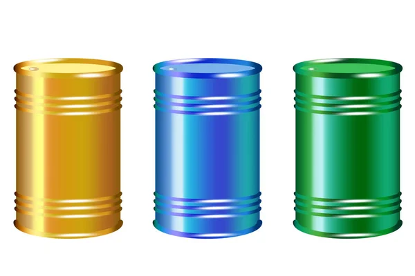 Icono de barriles de metal de colores. Elementos realistas. Oro, azul, verde. Concepto de negocio. Ilustración vectorial. Imagen de stock. — Vector de stock